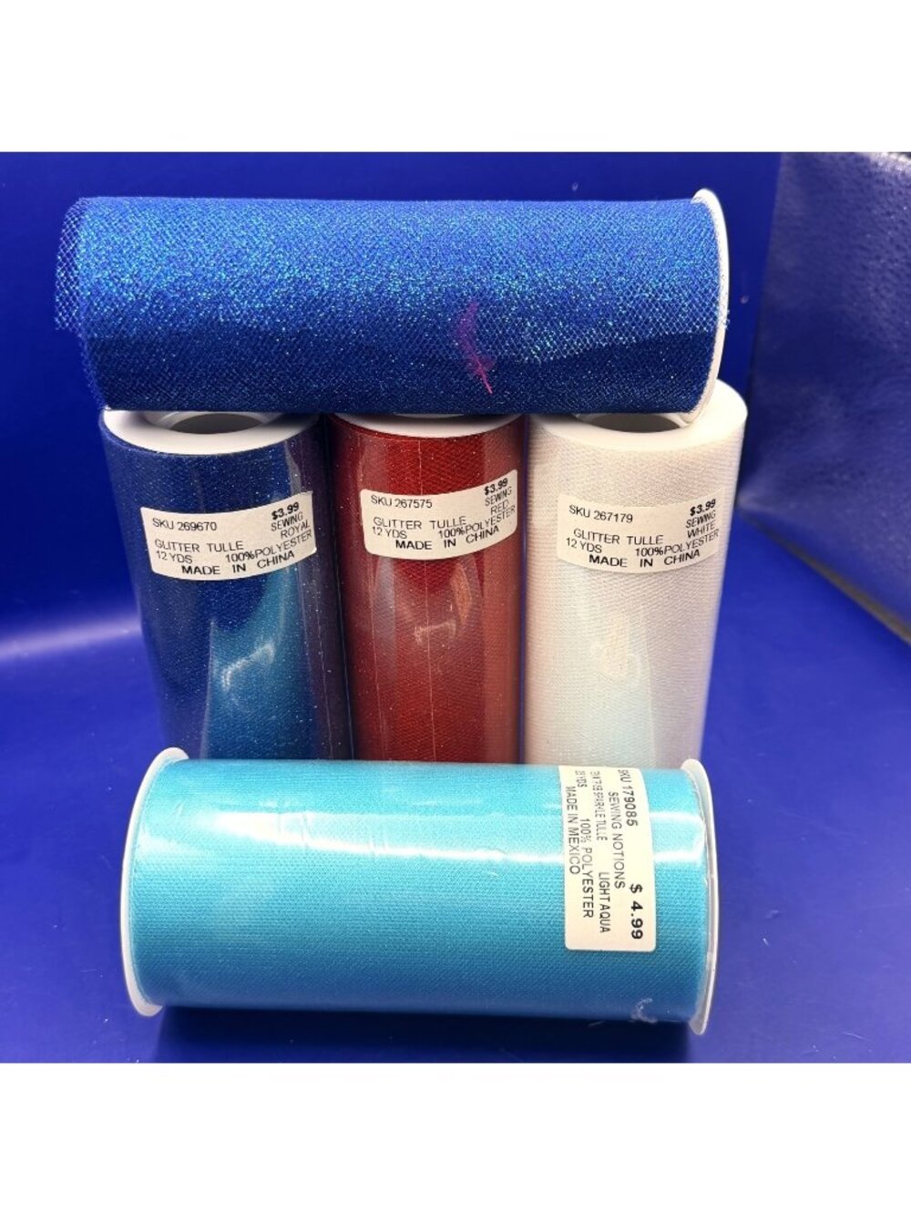 Red White Blue Glitter Tulle Lot of 5 Rolls Sewing Crafts Ribbon Patriotic Décor